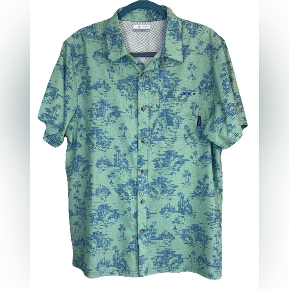 Hawaiian Columbia PFG Men's Palm Tree Fish Shirt Sz M Turquoise Blue Vented - Picture 1 of 9